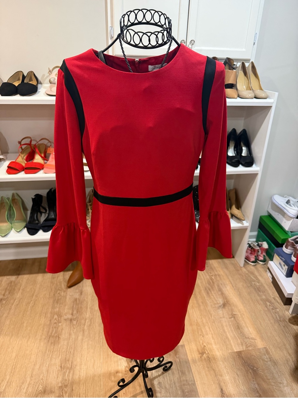 Calvin Klein Red Long-Sleeve Sheath Dress with Black Accents